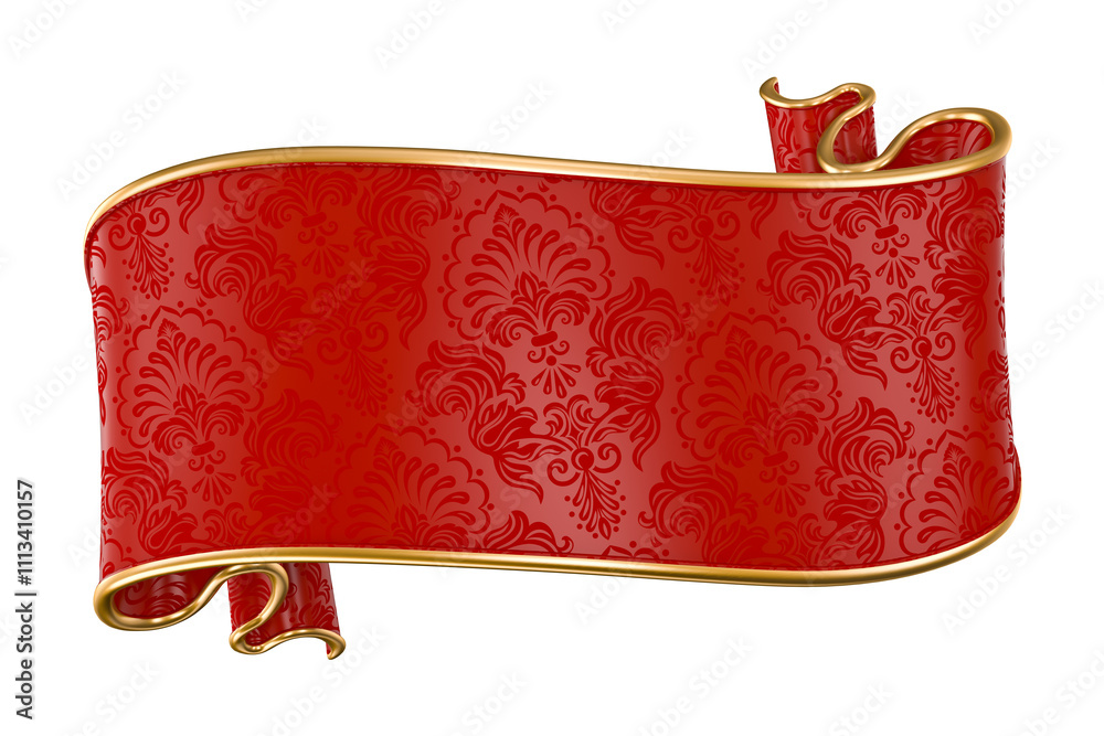 Wall mural red and gold ribbon banner with ornament pattern in 3d render with background transparent