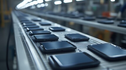 Fototapeta premium Assembly line of smartphones on conveyor belt. Shows mass production and efficiency in manufacturing.