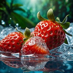 Three Strawberries Submerged In Sparkling Water