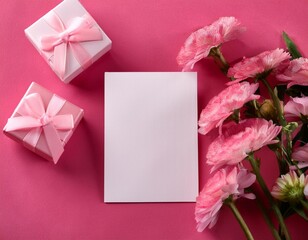 Fototapeta premium A delicate and elegant arrangement of pink and white flowers, a gold gift box, and a blank card and envelope