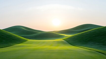 A stunning golf course at dawn, showcasing lush green fairways nestled between rolling hills, with the sun rising in the background casting golden light over the landscape. This image captures the