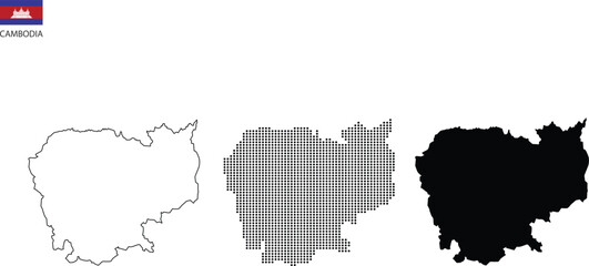 Stylized Cambodia Map Variations: Minimal Outline, Dotted Grid, and Solid Shadow Designs.	