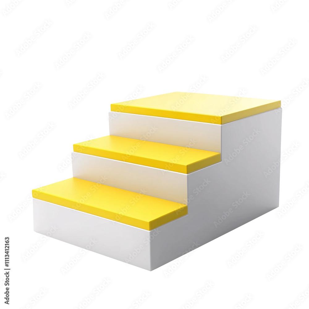 Poster a 3d illustration featuring yellow steps on a white block on white and transparent background.