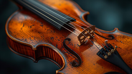 Fototapeta premium Close-up of Violin Strings and Bridge with Elegant Wood Grain