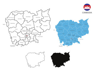 4 style of Cambodia map have all province and mark the capital city of Cambodia. By thin black outline simplicity style and dark shadow style. Isolated on white background. Vector Illustration