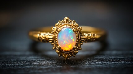 A vintage gold ring featuring an iridescent opal gemstone, showcasing intricate detailing.
