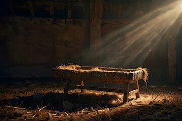 Nativity Scene - Birth Of Jesus Christ With Manger with bright star  And Starry Sky