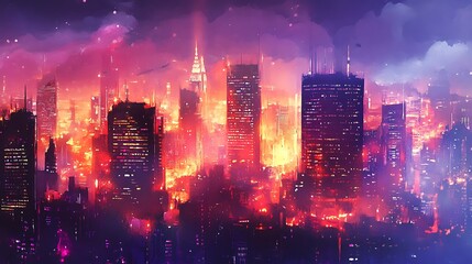 Obraz premium Futuristic city skyline at night, vibrant colors, glowing buildings, smoke, and atmospheric effects.