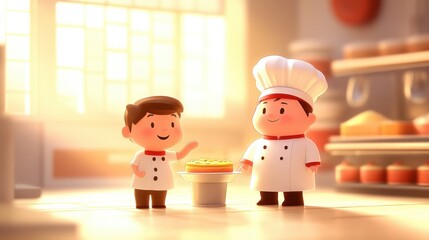 Two cheerful cartoon chefs celebrate a freshly baked pie in a sunlit bakery, surrounded by delicious pastries and a cozy atmosphere.