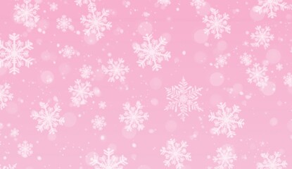 Beautiful seamless pattern of beautiful complex snowflakes in pink and white colors. Winter background with falling snow