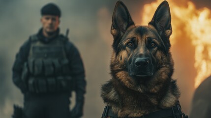 A police dog stands alert in front of a soldier amidst flames, showcasing teamwork and bravery.