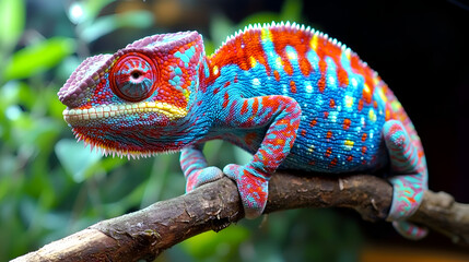 Obraz premium Vibrant Close-Up Portrait of a Colorful Chameleon on Tree Branch in Its Natural Habitat