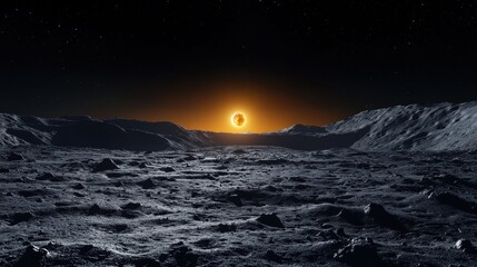 Alien Planet Landscape Starry Night, Rocky Terrain, Fiery Sunset