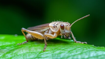 Close-up of grasshopper perched on green leaf with blurred background