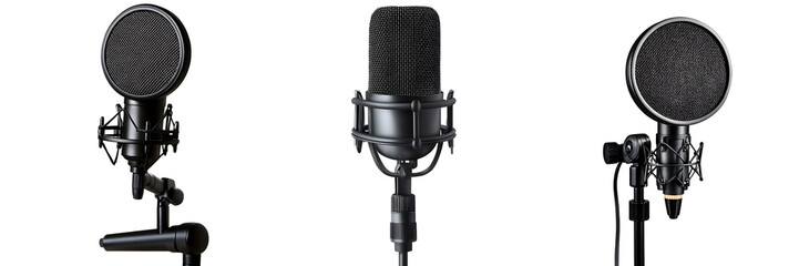 Set of a, black microphone with a pop filter on a stand, isolated on a transparent background.