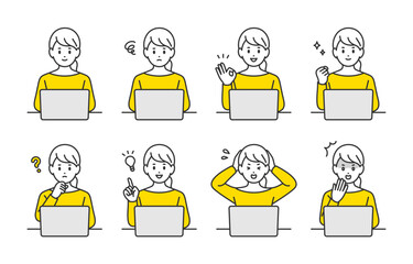 パソコンを見ながらいろいろな表情･ポーズをする若い女性のセット【人物ベクターイラスト素材】
