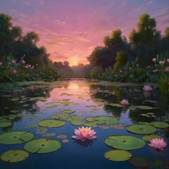 Serene Sunset Over Water Lilies Peaceful Pond Scene