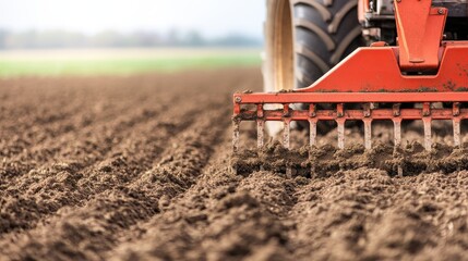 Obraz premium A close-up view of a tractor tilling soil, highlighting agricultural machinery in action over freshly plowed earth.