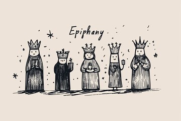 Obraz premium A simple doodle of three crowned figures, each holding a small gift, in minimalist black