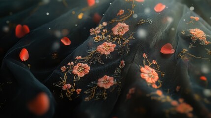 Dark Fabric, Floral Embroidery, Rose Petals, Soft Focus, Romantic, Elegant, Luxurious, Textured, She