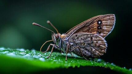 Close-up Profile of a Butterfly Resting on Dewy Green Leaf