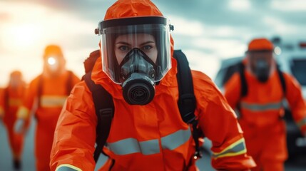 Naklejka premium A determined emergency responder in an orange suit and gas mask moves forward, showcasing readiness and resilience in a hazardous environment.