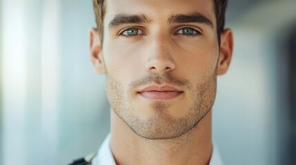 Obraz premium A close-up portrait of a confident young man with striking blue eyes and a clean-shaven face, dressed in a uniform, showcasing professionalism and charisma.