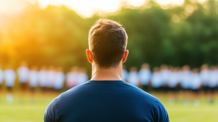 A person stands in front of a group, observing a training session during sunset, embodying leadership and focus in a sports context.
