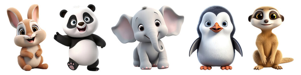 PNG Cute 3D animals set on transparent background