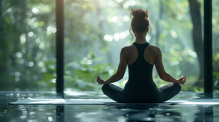 Person Meditating on Yoga Mat in Serene Natural Setting