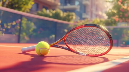 Tennis racket and ball on court, sunlit. Perfect for websites, blogs, or articles about tennis, sports, or healthy lifestyle.
