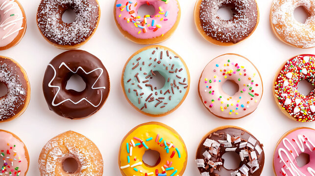 Donuts: Assorted donuts with various glazes and toppings on a white background.