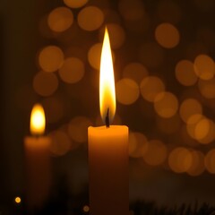 A Close-up Picture Christmas Candles burning at night, Candles Burning in the Dark, 