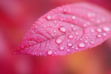 Close-up of dew drops on a vibrant pink autumn leaf.