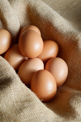 Fresh brown eggs nestled in a rough burlap sack. The eggs have a warm, golden hue and appear to be organic.