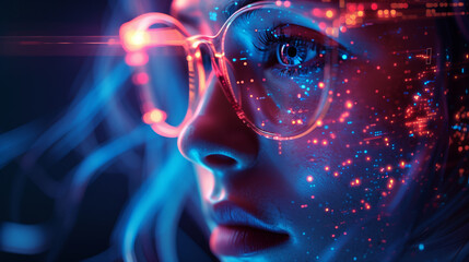 Obraz premium Futuristic AI Assistant with Holographic Interface and Neon Background