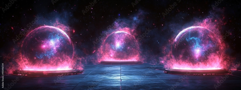 Aufkleber Futuristic Portal Scene with Glowing Portals and Cosmic Background