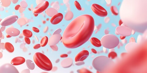 Dynamic of Red and White Blood Cells in Motion Against a Light Blue Background