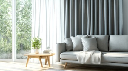 Fototapeta premium Modern Living Room with Grey Sofa and Natural Light