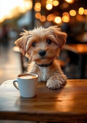 Happy puppy enjoying morning coffee at wooden table in outdoor cafe with blurred street background