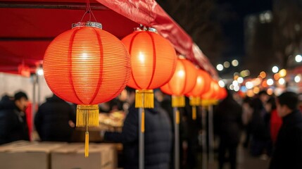 Naklejka premium Chinese new year festival and symbolism, Vibrant red lanterns illuminate a night market, creating a festive atmosphere filled with energy and cultural charm.