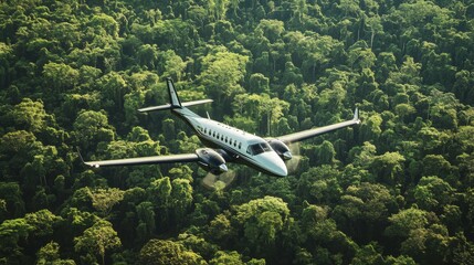 Aerial View of Single Engine Aircraft Flying Over Lush Green Jungle Canopy in Bright Daylight with Vibrant Natural Surroundings