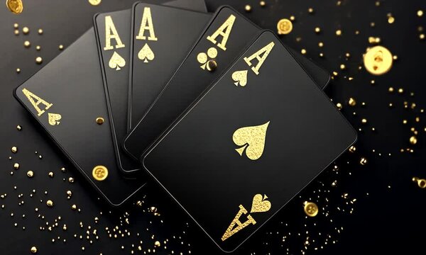 A set of black playing cards featuring golden aces, scattered with golden particles.
