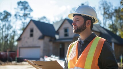 Construction Worker in Hard Hat Overseeing Residential Home Building Site with Focused Expression and Safety Gear Amidst Construction Materials and Equipment