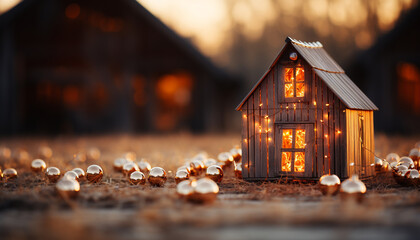 Cozy winter celebration illuminated table with homemade Christmas decorations 