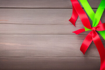 red ribbon on wooden background