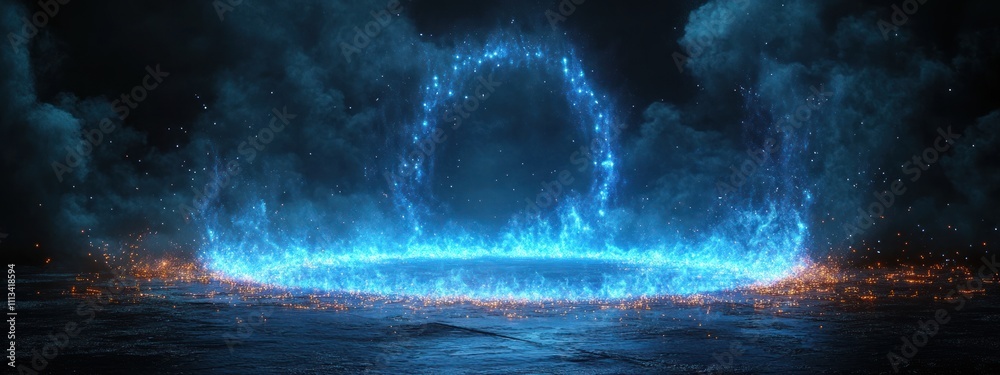 Poster mystical portal with blue neon lights in dark environment, 3d hologram stage platform, virtual techn