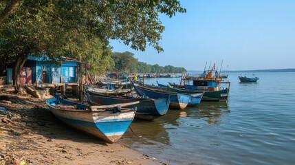 Obraz premium Tranquil Seaside Scene with Traditional Fishing Boats Moored Along the Shoreline Under Clear Blue Skies and Lush Green Trees on a Sunny Day