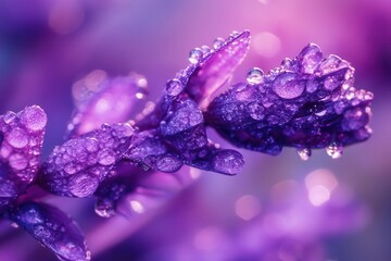 Close-up of dew-covered purple flower petals.