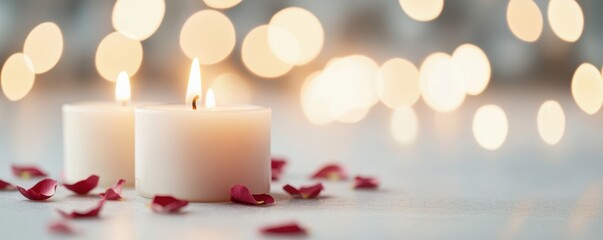 Softly glowing candles surrounded by rose petals create a serene and romantic atmosphere, enhanced by a blurred light background.